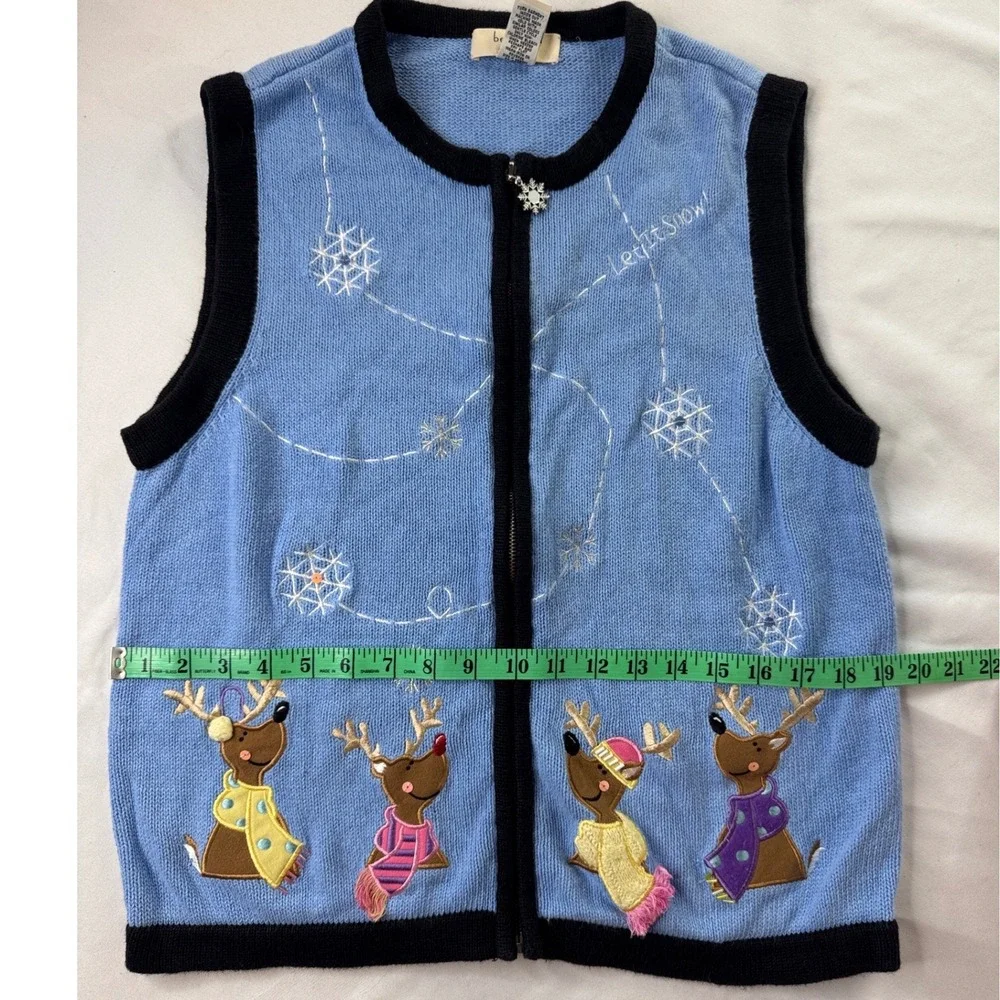 Bechamel Christmas Reindeer Snowflake Zip Up Sweater Vest Blue Womens Large vtg